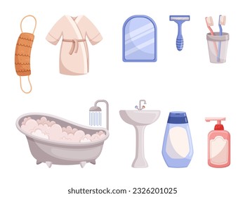 Bath Accessories Set. Soap Dispenser, Toothbrush Tumbler, And Washcloth. Robe, Mirror, Razor Blade and Tub with Sink and Shampoo Bottle. Bathroom Items for Daily Routine. Cartoon Vector Illustration