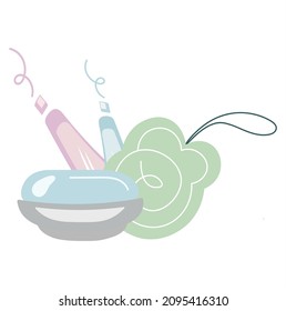 Bath accessories set. Washcloth, soaps, creams, shamruni, body gels. Vector set for backgrounds, covers, packaging, cards, posters, flyers, web pages. Isolated illustration transparent background.