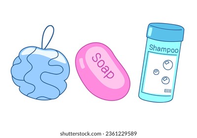 Bath accessories. Shampoo, bath loofah, and a soap.  