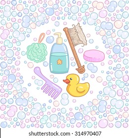 Bath accessories - shampoo, soap, wisp of bast, bath brush, comb, rubber duck, soap bubbles