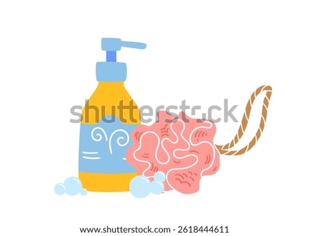 Bath accessories: sponge and shower gel with dispenser. Personal hygiene products. Cute cartoon hand drawn style.