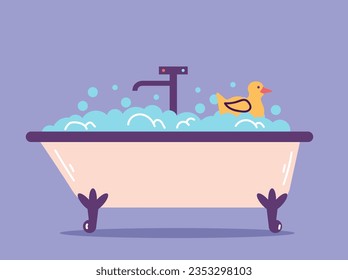 Bath bathtub tub bathroom shower with duck concept. Vector flat graphic design illustration
