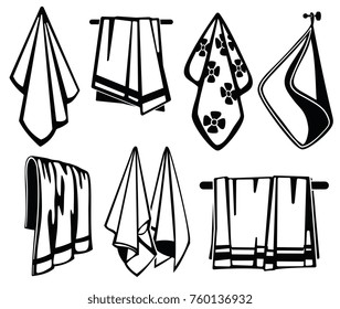 Bath, beach and kitchen soft fabric towels vector black icons. Collection of towel for beach and bath illustration