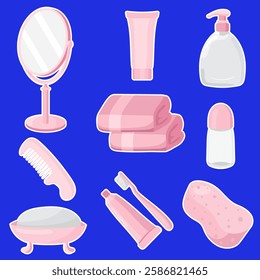 Bath and beauty set icon. Mirror, towels, soap, comb, toothbrush, toothpaste, deodorant, liquid soap, and sponge on a dark blue background. Used for self-care, grooming, and hygiene