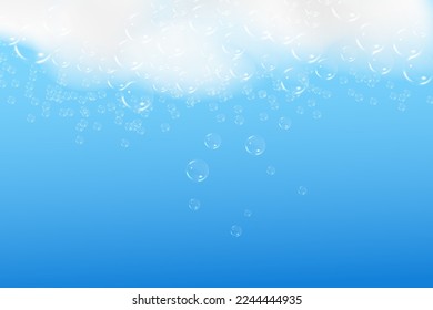 Espuma azul baño aislada en un fondo claro. La textura de burbujas de champú.Ilustración vectorial de champú y bañera.