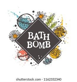 Bath bomb concept design. Hand drawn vector illustration. Can be used for organic shop, heathcare, spa, aromatherapy, handmade cosmetic, logo, sticker, label, gift, icon.