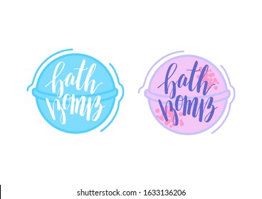 Bath bomb illustration with lettering text. Home spa relaxation cosmetics. Design elements for packaging, banners, poster. Calligraphic inscription.