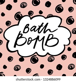 Bath bomb label with pink seamless pattern and handdrawn lettering. Can be used for homemade cosmetics. Vector illustration