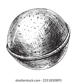 Bath bomb is round. EPS hand drawn black and white vector graphic illustration. Isolated object on a white background.
