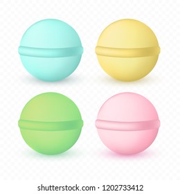 Bath bomb set isolated on transparent background. Mint, yellow, green, pink cosmetic spa balls with shadows. Vector illustration.