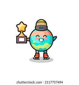 dibujos animados de las bombas de baño como jugador de patinaje sobre hielo sostiene trofeo ganador, diseño de estilo lindo para camiseta, pegatina, elemento logo