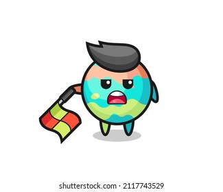 personaje de las bombas de baño como juez de línea sostiene la bandera en un ángulo de 45 grados, diseño de estilo lindo para camiseta, pegatina, elemento logo