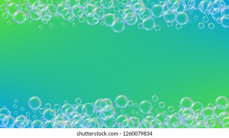 Bath bubble. Detergent soap foam and suds for bathtub. Shampoo. 3d vector illustration banner. Minimal fizz and splash. Realistic water frame and border. Green colorful liquid bath bubble.