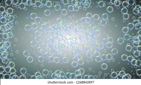 Bath bubble. Detergent soap foam and suds for bathtub. Shampoo. 3d vector illustration invite. Minimal fizz and splash. Realistic water frame and border. Grey colorful liquid bath bubble.