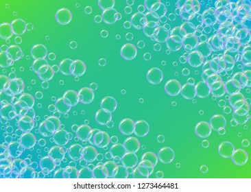 Bath bubble. Detergent soap foam and suds for bathtub. Shampoo. Creative fizz and splash. Realistic water frame and border. 3d vector illustration poster. Green colorful liquid bath bubble.