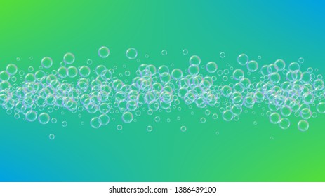 Bath bubble. Detergent soap foam and suds for bathtub. Shampoo. Stylish fizz and splash. Realistic water frame and border. 3d vector illustration invite. Green colorful liquid bath bubble.