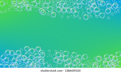 Bath bubble. Detergent soap foam and suds for bathtub. Shampoo. Stylish fizz and splash. Realistic water frame and border. 3d vector illustration concept. Green colorful liquid bath bubble.