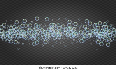 Bath bubble. Detergent soap foam and suds for bathtub. Shampoo. 3d vector illustration banner. Bright fizz and splash. Realistic water frame and border. Isolated colorful liquid bath bubble.