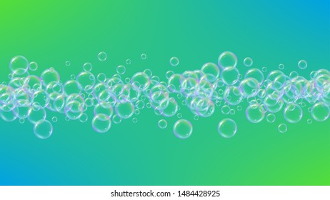 Bath bubble. Detergent soap foam and suds for bathtub. Shampoo. Stylish fizz and splash. Realistic water frame and border. 3d vector illustration layout. Green colorful liquid bath bubble.