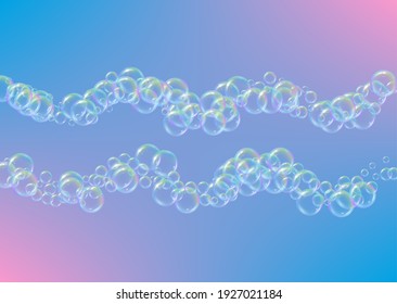 Bath bubble. Detergent soap foam and suds for bathtub. Shampoo. Trendy fizz and splash. Realistic water frame and border. 3d vector illustration template. Rainbow colorful liquid bath bubble.