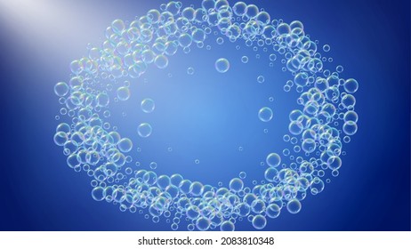 Bath bubble. Detergent soap foam and suds for bathtub. Shampoo. 3d vector illustration poster. Rainbow Aqua fizz and splash. Realistic water frame and border. colorful liquid bath bubble.