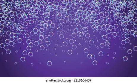 Burbuja de baño. Espuma de jabón detergente y suds para la bañera. Shampoo. 3d diseño de ilustración vectorial. Fizz de moda y salpicaduras. Marco hídrico y frontera realistas. Burbuja morada colorida de baño líquido.