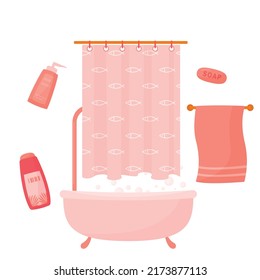 Badewanne und Blasen, Vorhang- und Kosmetikflaschen 