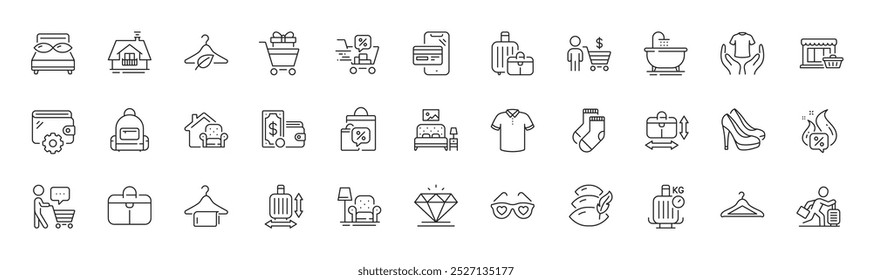 Bath, Buyer and Furniture line icons. Pack of Socks, Hold t-shirt, Baggage size icon. Love glasses, Clean towel, Cloakroom pictogram. Baggage scales, Shopping trolley, Furniture moving. Vector