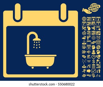 Bath Calendar Day icon with bonus calendar and time management graphic icons. Vector illustration style is flat iconic symbols, yellow, blue background.