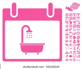 Bath Calendar Day pictograph with bonus calendar and time management symbols. Vector illustration style is flat iconic symbols, pink, white background.