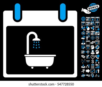 Bath Calendar Day pictograph with bonus calendar and time management images. Vector illustration style is flat iconic symbols, blue and white, black background.