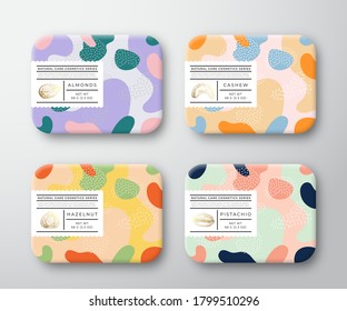 Bath Care Cosmetics Boxes Set. Vector Wrapped Containers Label Cover Collection. Packaging with Hand Drawn Almond, Hazelnut, Cashew, Pistachio Nuts. Abstract Camo Background Pattern Layout. Isolated.