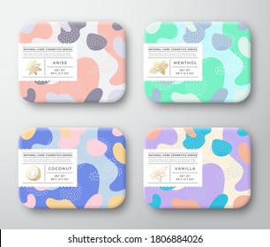 Bath Care Cosmetics Boxes Set. Vector Wrapped Containers Label Cover Collection. Packaging with Hand Drawn Coconut, Vanilla, Mint and Anise Spice. Abstract Camo Background Pattern Layout. Isolated.