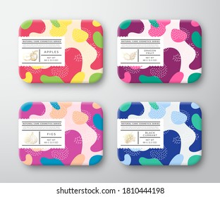 Bath Care Cosmetics Boxes Set. Vector Wrapped Containers Label Cover Collection. Packaging with Hand Drawn Apples, Figs, Dragon Fruit, Black Currant. Abstract Camo Background Pattern Layout. Isolated.