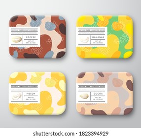 Bath Care Cosmetics Boxes Set. Vector Wrapped Containers Label Cover Collection. Packaging with Hand Drawn Coffee, Cocoa Beans, Melon and Bananas. Abstract Camo Background Pattern Layout. Isolated.