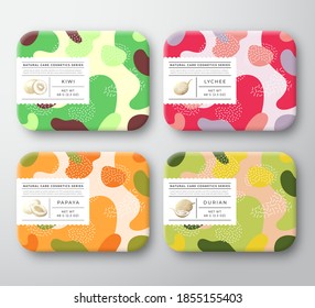 Bath Care Cosmetics Boxes Set. Vector Wrapped Containers Label Cover Collection. Packaging with Hand Drawn Kiwi, Lychee, Papaya, Durian. Abstract Camo Background Pattern Layouts Bundle. Isolated.