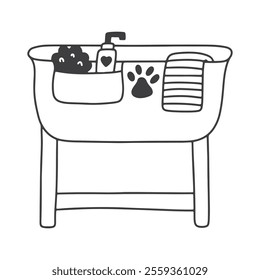 Bath for cats and dogs. Pet hygiene care. Vector doodle illustration. 