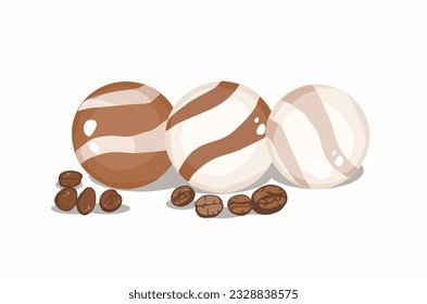 Bath coffee balls. Bath bomb. Coffee beans.
Bath geyser, modern bathroom trend, natural cosmetics bomb logo, relax. Vector illustration.
