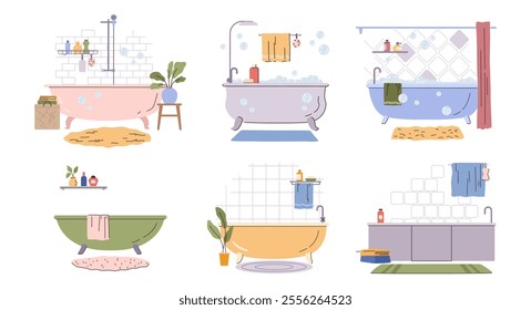 Bath collection, isolated tubs full of foam with bubbles. Vector bathroom interior. Comfortable equipment for bathing and relaxing. Cosmetics and plants, towels and shampoo bottles with washcloth