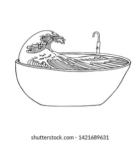 Vektorposter zum Badekonzept. Badewanne mit großer Welle von Kanagawa von Hokusai, handgezeichnet schwarz-weiß.
