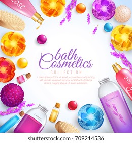 Bath cosmetics concept with soap shampoo and foam cartoon vector illustration