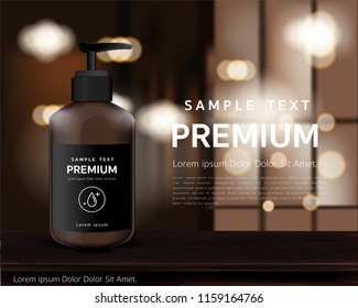 Bath cream, brown glass bottle packaging with water shampoo mockup design of brand illustrations Stock Vector