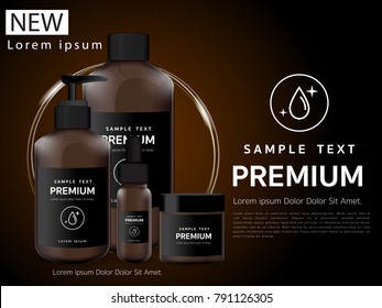 Bath cream, brown glass bottle packaging with water shampoo mockup design of brand illustrations Stock Vector