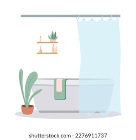 Bath with curtain concept. Comfort and coziness in bathroom, interior element. Shelf with candles, green rug. Graphic element for website. Cartoon flat vector illustration