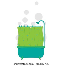 Bath with curtain. Flat style. Bath with shower and hot steam. Vector illustration.