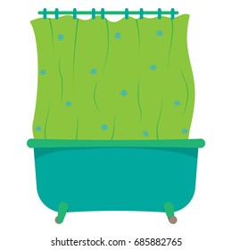 Bath with curtain. Flat style. Vector illustration.