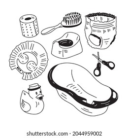 bath different elements set of doodle style. Bath accessories sketch. Personal care for baby vector illustration.