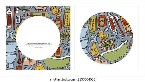Ilustración vectorial del doodle de baño. Carteles dibujados a mano de accesorios de higiene para el baño de casa. Iconos de esbozo para hoteles, fontanería y tiendas de cosméticos