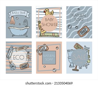 Bath doodle vector illustration. Hand draw banners of home bathroom hygiene accessories. Sketch icons for hotels, plumbing and cosmetics stores