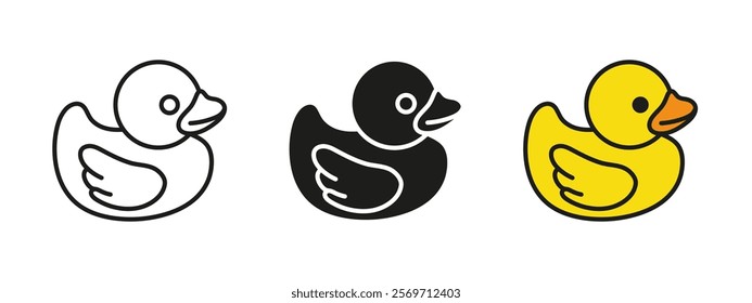 Bath duck icon. Duck toy vector illustration. Cute rubber baby duckling symbol. Inflatable floating duck toy sign. Bathing plastic toy pictogram. Water bird animal concept isolated.